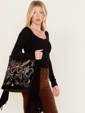 Shyanne Black Tote with Gold and Cream Embroidery